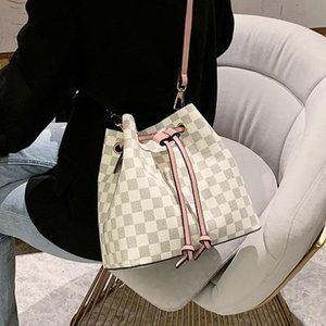 Checkered Bucket Bag - PU Vegan Leather / White